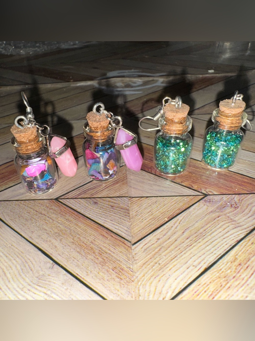 Handmade Glass Bottle Earrings with Pink Crystal and Green Glitter